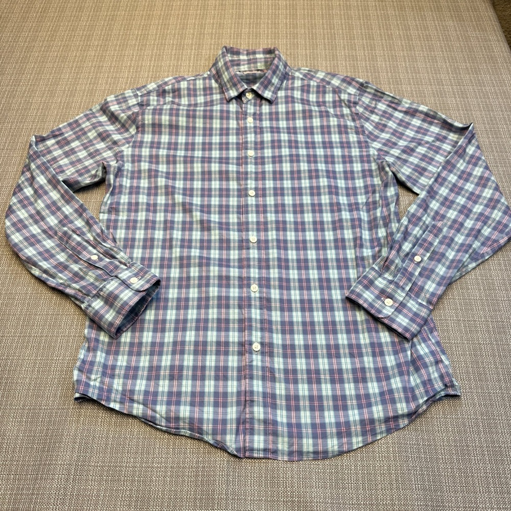 Faherty Brand Plaid Button Up Shirt Large Blue Plaid Supima‎ Cotton Long Sleeve